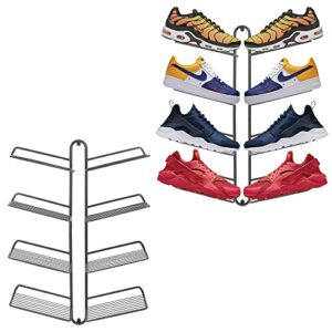 mdesign modern metal shoe organizer display & storage shelf rack - hang & store your collection of kicks, running, basketball, trainers, tennis shoes, holds 16 shoes, wall mount; 2 pack- graphite gray