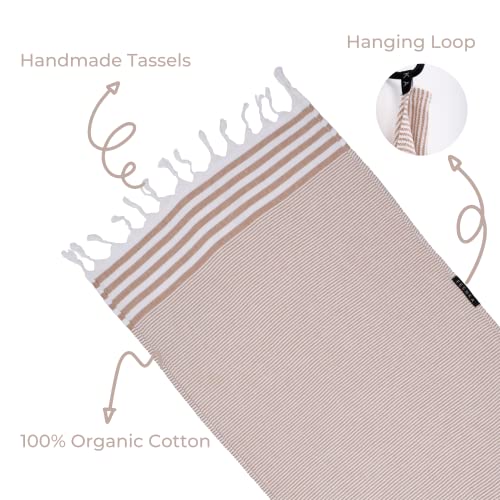 FESHKA Turkish Hand Towels Set of 2-100% Organic Cotton, 18x32 Prewashed Super Absorbent Peshtemal Towel for Hand, Kitchen, Face, Hair, Gym, Dishcloth, Yoga, Tea, Farmhouse Boho Decor (Brown)