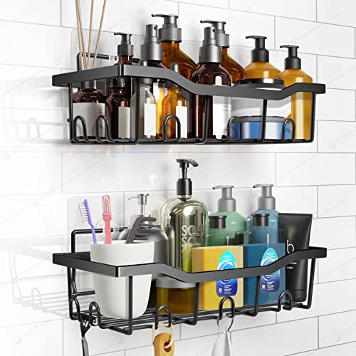 Shower Caddy, Adhesive Shower Organizer, no Drilling Shower Shelves, Wall Mounted Shower Shelf, Stainless Steel Rust Proof, with 7 Hooks, for Internal Shower and Kitchen Storage, 2 Pieces ,Black