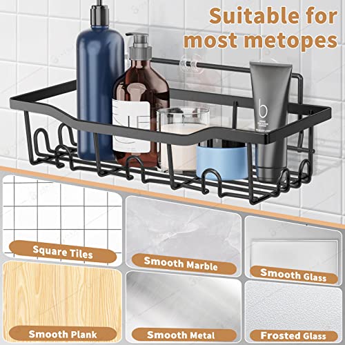 Shower Caddy, Adhesive Shower Organizer, no Drilling Shower Shelves, Wall Mounted Shower Shelf, Stainless Steel Rust Proof, with 7 Hooks, for Internal Shower and Kitchen Storage, 2 Pieces ,Black