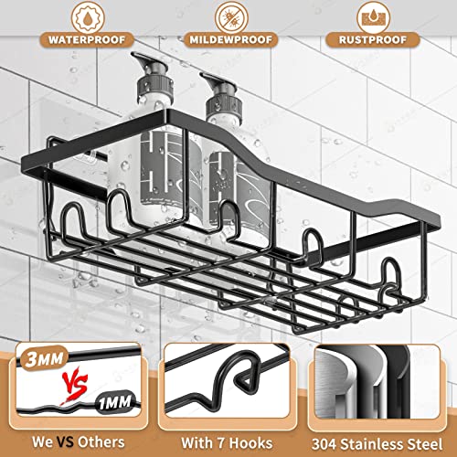 Shower Caddy, Adhesive Shower Organizer, no Drilling Shower Shelves, Wall Mounted Shower Shelf, Stainless Steel Rust Proof, with 7 Hooks, for Internal Shower and Kitchen Storage, 2 Pieces ,Black