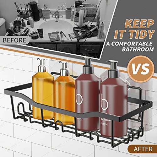 Shower Caddy, Adhesive Shower Organizer, no Drilling Shower Shelves, Wall Mounted Shower Shelf, Stainless Steel Rust Proof, with 7 Hooks, for Internal Shower and Kitchen Storage, 2 Pieces ,Black