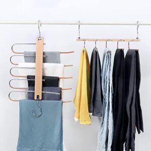 2 pack magic pants hangers, space saving pant hangers for closet organizer, heavy duty wooden trousers hangers (golden)