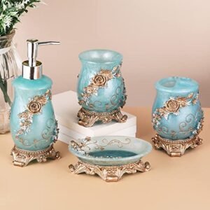 SLiipy Pig Bathroom Accessories Set, 4 Pcs Marble Look Bathroom Decor Set , Resin Gift Set Apartment Necessities, Include Dispenser Pump, Bar Soap Dish, Toothbrush Holder and Tumbler.