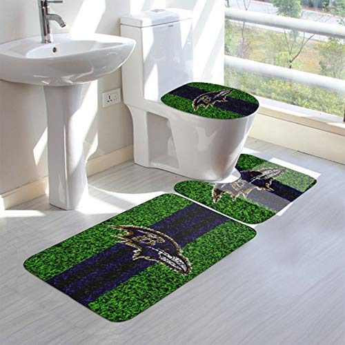 Baltimore Raven Bathroom Rugs and Mats Sets 3 Piece,American Football Design Non Slip U-Shaped Contour Toilet Mats, Bath Mat and Toilet Lid Cover for Tub Shower and Bath Room