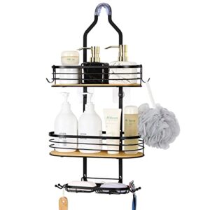 Fogein Bathroom Hanging Shower Caddy Over Shower Head Organizer, Rustproof Shower Organizer with Bamboo Board Hook & Soap Box, Over the Shower Head Caddy, Black