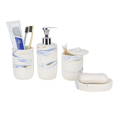 Bathroom Accessories Set with Blue Marble Look Ink White, Toothbrush Holder, Bathroom Canister, Soap Dispenser, Dish, Modern Bathroom Decoration,Ceramic High Grade Gift Packaging for Women and Men.