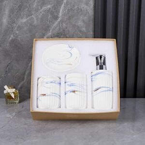 Bathroom Accessories Set with Blue Marble Look Ink White, Toothbrush Holder, Bathroom Canister, Soap Dispenser, Dish, Modern Bathroom Decoration,Ceramic High Grade Gift Packaging for Women and Men.