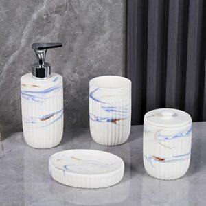 Bathroom Accessories Set with Blue Marble Look Ink White, Toothbrush Holder, Bathroom Canister, Soap Dispenser, Dish, Modern Bathroom Decoration,Ceramic High Grade Gift Packaging for Women and Men.