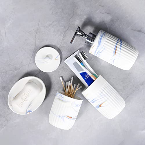 Bathroom Accessories Set with Blue Marble Look Ink White, Toothbrush Holder, Bathroom Canister, Soap Dispenser, Dish, Modern Bathroom Decoration,Ceramic High Grade Gift Packaging for Women and Men.