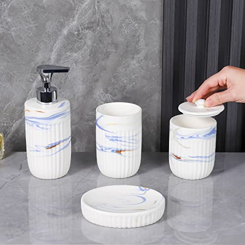 Bathroom Accessories Set with Blue Marble Look Ink White, Toothbrush Holder, Bathroom Canister, Soap Dispenser, Dish, Modern Bathroom Decoration,Ceramic High Grade Gift Packaging for Women and Men.