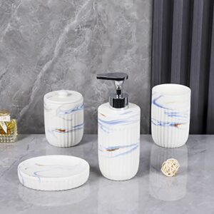 Bathroom Accessories Set with Blue Marble Look Ink White, Toothbrush Holder, Bathroom Canister, Soap Dispenser, Dish, Modern Bathroom Decoration,Ceramic High Grade Gift Packaging for Women and Men.