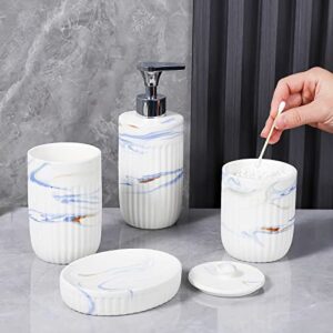 Bathroom Accessories Set with Blue Marble Look Ink White, Toothbrush Holder, Bathroom Canister, Soap Dispenser, Dish, Modern Bathroom Decoration,Ceramic High Grade Gift Packaging for Women and Men.