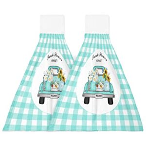 ZFUNCING Hand Tie Towel Set of 2,Teal Farm Truck Daisy Floral Gingham Check Hanging Kitchen Towels with Loop, Absorbent Tea Bar Dish Towel Fast Drying Towels for Bathroom,Pastoral Sunflower