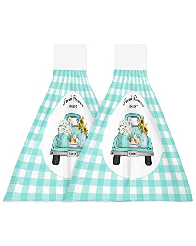 ZFUNCING Hand Tie Towel Set of 2,Teal Farm Truck Daisy Floral Gingham Check Hanging Kitchen Towels with Loop, Absorbent Tea Bar Dish Towel Fast Drying Towels for Bathroom,Pastoral Sunflower