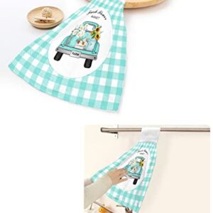 ZFUNCING Hand Tie Towel Set of 2,Teal Farm Truck Daisy Floral Gingham Check Hanging Kitchen Towels with Loop, Absorbent Tea Bar Dish Towel Fast Drying Towels for Bathroom,Pastoral Sunflower