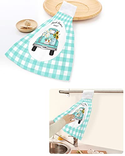 ZFUNCING Hand Tie Towel Set of 2,Teal Farm Truck Daisy Floral Gingham Check Hanging Kitchen Towels with Loop, Absorbent Tea Bar Dish Towel Fast Drying Towels for Bathroom,Pastoral Sunflower