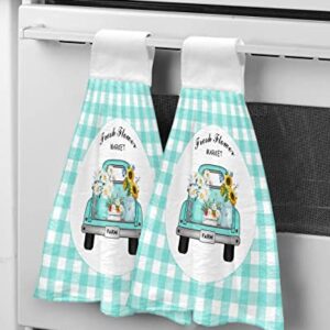 ZFUNCING Hand Tie Towel Set of 2,Teal Farm Truck Daisy Floral Gingham Check Hanging Kitchen Towels with Loop, Absorbent Tea Bar Dish Towel Fast Drying Towels for Bathroom,Pastoral Sunflower