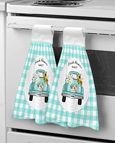 ZFUNCING Hand Tie Towel Set of 2,Teal Farm Truck Daisy Floral Gingham Check Hanging Kitchen Towels with Loop, Absorbent Tea Bar Dish Towel Fast Drying Towels for Bathroom,Pastoral Sunflower