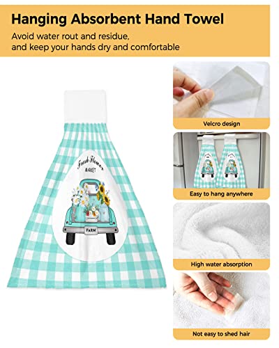 ZFUNCING Hand Tie Towel Set of 2,Teal Farm Truck Daisy Floral Gingham Check Hanging Kitchen Towels with Loop, Absorbent Tea Bar Dish Towel Fast Drying Towels for Bathroom,Pastoral Sunflower