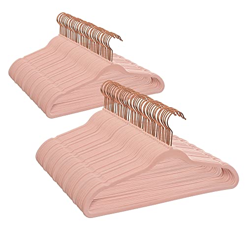 100 Pack Clothing Hangers for Coats, Pants & Dress Clothes, Non-Slip Velvet Heavy Duty Durable Coat and Clothes Hangers 360 Degree Swivel，Lightweight， Space Saving Laundry Hangers, Pink