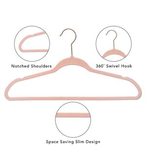 100 Pack Clothing Hangers for Coats, Pants & Dress Clothes, Non-Slip Velvet Heavy Duty Durable Coat and Clothes Hangers 360 Degree Swivel，Lightweight， Space Saving Laundry Hangers, Pink