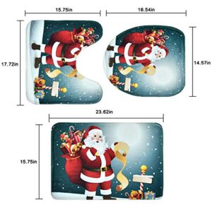 Uspring 4 Pcs Merry Christmas Shower Curtain Sets with Non-Slip Rug, Toilet Lid Cover and Bath Mat, Santa Moon Snow Shower Curtain with 12 Hooks for Christmas Decoration