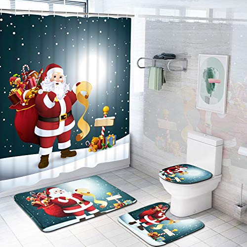 Uspring 4 Pcs Merry Christmas Shower Curtain Sets with Non-Slip Rug, Toilet Lid Cover and Bath Mat, Santa Moon Snow Shower Curtain with 12 Hooks for Christmas Decoration