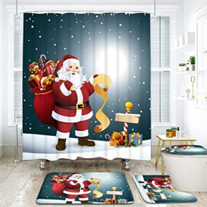 Uspring 4 Pcs Merry Christmas Shower Curtain Sets with Non-Slip Rug, Toilet Lid Cover and Bath Mat, Santa Moon Snow Shower Curtain with 12 Hooks for Christmas Decoration