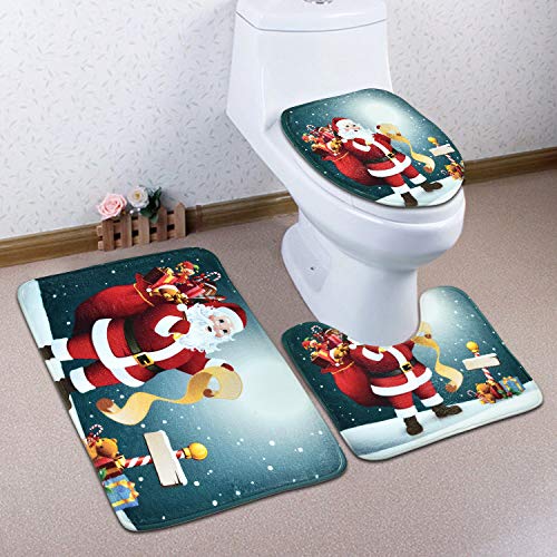 Uspring 4 Pcs Merry Christmas Shower Curtain Sets with Non-Slip Rug, Toilet Lid Cover and Bath Mat, Santa Moon Snow Shower Curtain with 12 Hooks for Christmas Decoration