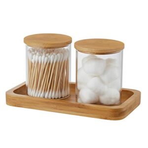 iniunik glass qtip holder with vanity tray, apothecary jars bathroom accessories bathroom canisters organizer countertop q tip holder for cotton ball round swab pad hair ties floss perfume jewelry