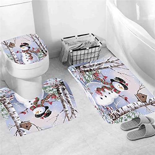 MrLYouth Christmas Bathroom Sets Snowman Shower Curtain with Contour Mat,Toilet Lid Cover,Accessories with 12 Plastic Hooks 4 Pieces Waterproof Fabric Bath Sets