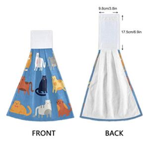 GOODOLD Hand Towel Carton Cats Hook & Loop Soft Hanging Tie Towels, Set of 2 Super Absorbent in Convenient for Kitchen and Bathroom, 12x17 Inch