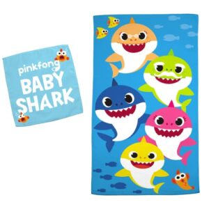 franco baby shark kids bath/pool/beach soft absorbent cotton terry towel with washcloth 2 piece set, 50 in x 25 in