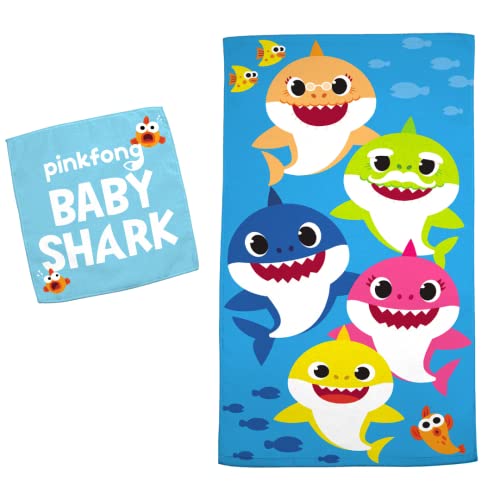 Franco Baby Shark Kids Bath/Pool/Beach Soft Absorbent Cotton Terry Towel with Washcloth 2 Piece Set, 50 in x 25 in