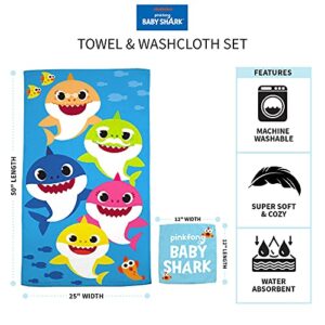 Franco Baby Shark Kids Bath/Pool/Beach Soft Absorbent Cotton Terry Towel with Washcloth 2 Piece Set, 50 in x 25 in
