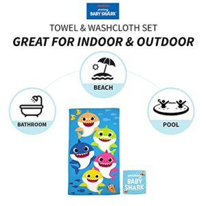 Franco Baby Shark Kids Bath/Pool/Beach Soft Absorbent Cotton Terry Towel with Washcloth 2 Piece Set, 50 in x 25 in