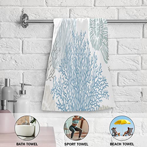 SHUSTARY 2 Pack Beach Theme Hand Towels for Bathroom,Coastal Blue Grey Starfish Seashell Coral Ocean Marine Soft Absorbent Kitchen Towels Decorative Hand Bath Towels for Shower,Face,Gym,Spa 14"x28"