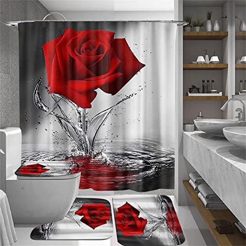 Byitre 4PCS Water Rose Shower Curtain Set with Non-Slip Rugs, Toilet Lid Cover & Bath Mat, Shower Curtain with 12 Hooks, Bathroom Sets with Shower Curtain & Rugs & Accessories, Red, 71'' x 71''