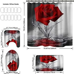 Byitre 4PCS Water Rose Shower Curtain Set with Non-Slip Rugs, Toilet Lid Cover & Bath Mat, Shower Curtain with 12 Hooks, Bathroom Sets with Shower Curtain & Rugs & Accessories, Red, 71'' x 71''