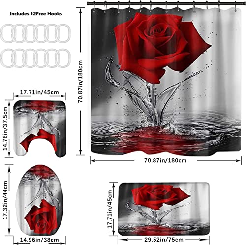 Byitre 4PCS Water Rose Shower Curtain Set with Non-Slip Rugs, Toilet Lid Cover & Bath Mat, Shower Curtain with 12 Hooks, Bathroom Sets with Shower Curtain & Rugs & Accessories, Red, 71'' x 71''