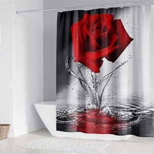 Byitre 4PCS Water Rose Shower Curtain Set with Non-Slip Rugs, Toilet Lid Cover & Bath Mat, Shower Curtain with 12 Hooks, Bathroom Sets with Shower Curtain & Rugs & Accessories, Red, 71'' x 71''