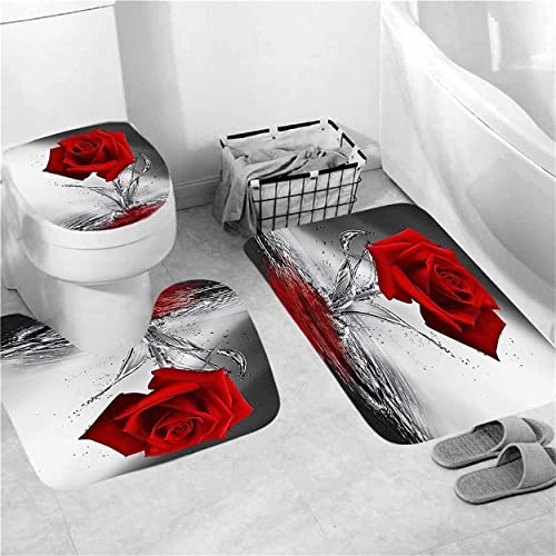 Byitre 4PCS Water Rose Shower Curtain Set with Non-Slip Rugs, Toilet Lid Cover & Bath Mat, Shower Curtain with 12 Hooks, Bathroom Sets with Shower Curtain & Rugs & Accessories, Red, 71'' x 71''