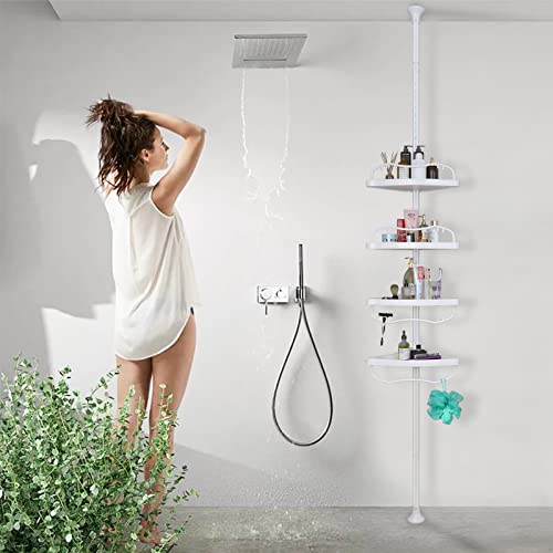 Sempicad Corner Shower Caddy,Rustproof Tension Shower Caddy with 4 ABS Baskets,Shower Storage Shelf with 56 to 125 Inch Adjustable Stainless Pole for Bathroom White