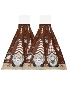 bobowuny brown gnomes 2 pcs hanging kitchen hand towels, farmhouse coffee casual time super soft microfiber tie towels aborbent washcloth for bathroom oven tea bar