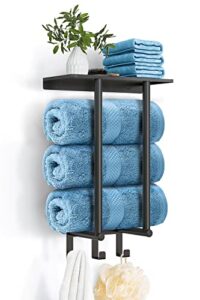 towel racks for bathroom, bethom towel rack with metal shelf and 3 hooks for small bathroom, towel storage wall can holds up to 3 large size(63x40 inch) of rolled towels, black