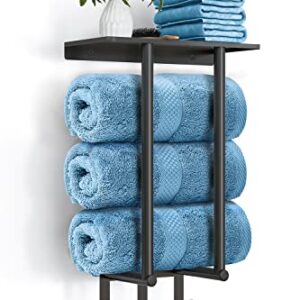 Towel Racks for Bathroom, BETHOM Towel Rack with Metal Shelf and 3 Hooks for Small Bathroom, Towel Storage Wall Can Holds Up to 3 Large Size(63x40 inch) of Rolled Towels, Black