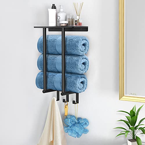 Towel Racks for Bathroom, BETHOM Towel Rack with Metal Shelf and 3 Hooks for Small Bathroom, Towel Storage Wall Can Holds Up to 3 Large Size(63x40 inch) of Rolled Towels, Black