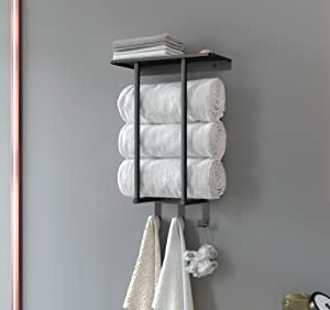 Towel Racks for Bathroom, BETHOM Towel Rack with Metal Shelf and 3 Hooks for Small Bathroom, Towel Storage Wall Can Holds Up to 3 Large Size(63x40 inch) of Rolled Towels, Black