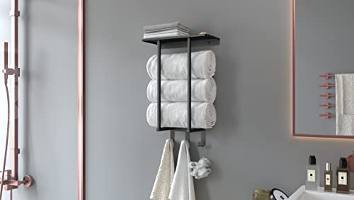 Towel Racks for Bathroom, BETHOM Towel Rack with Metal Shelf and 3 Hooks for Small Bathroom, Towel Storage Wall Can Holds Up to 3 Large Size(63x40 inch) of Rolled Towels, Black